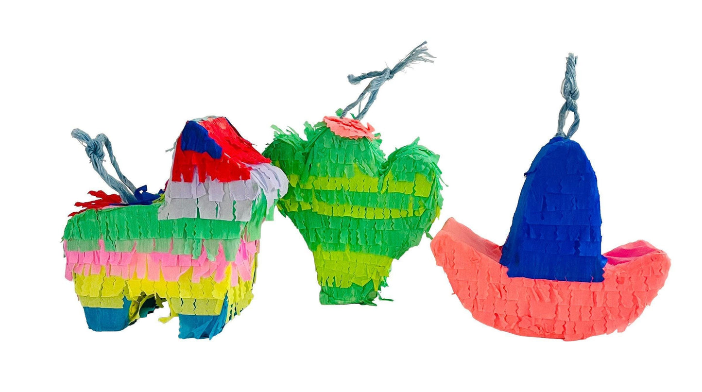 3 Mexican Piñatas Cactus Donkey & Sombrero 3 Piñatas Mexicanas Nopal Burrito y Sombrero