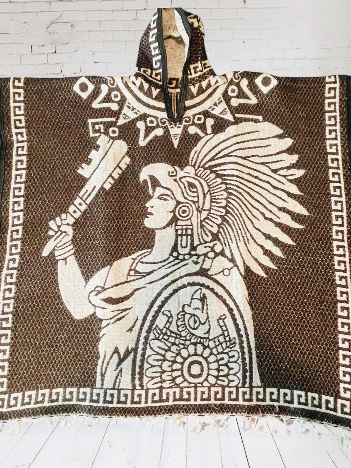 Poncho Azteca con Guerrero y Escudo Nacional Double Sided Aztec Calendar Poncho