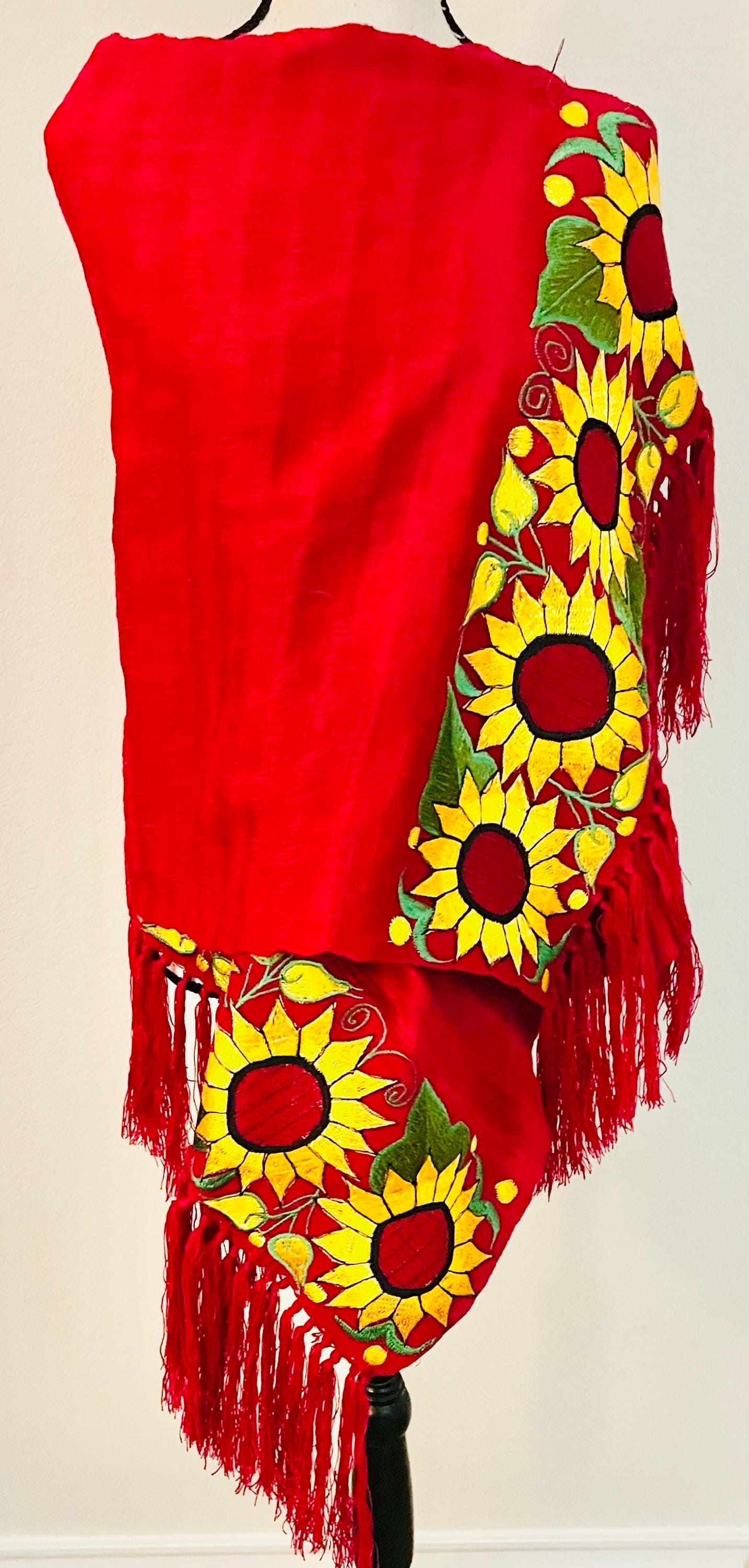 Mexican Sunflower Embroidered Handmade Shawl Reboso Bordado Mexicano de Girasoles