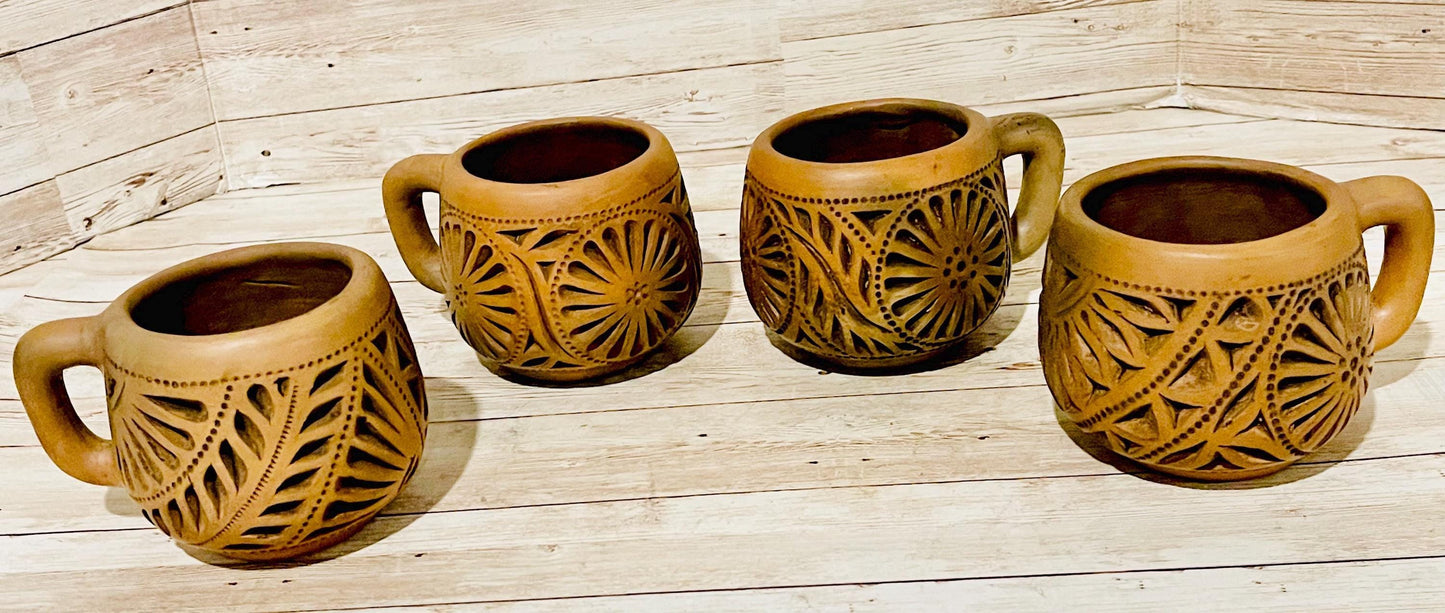 4X Mexican Artesanal Brown Clay Mexican Mugs Cups 4 Tazas Mexicanas Caladas de Barro Cafe de Oaxaca
