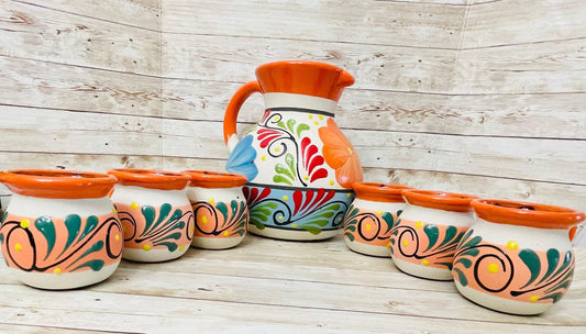 Terra Cotta Mexican Art Pottery Pitcher With 6 Cups Jarra Artesanal Mexicana