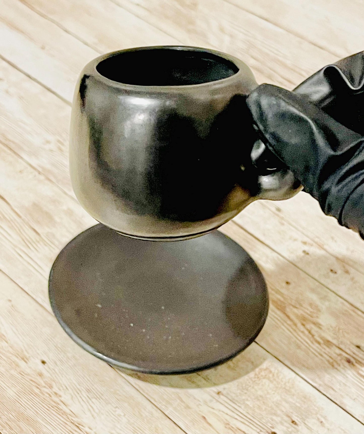1x Black Oaxaca Mexican Clay Capuccino Expresso Coffee Tea Mug with Plate 1 Taza de Barro Negro Artesanal Mexicano con Plato Barro de Oaxaca