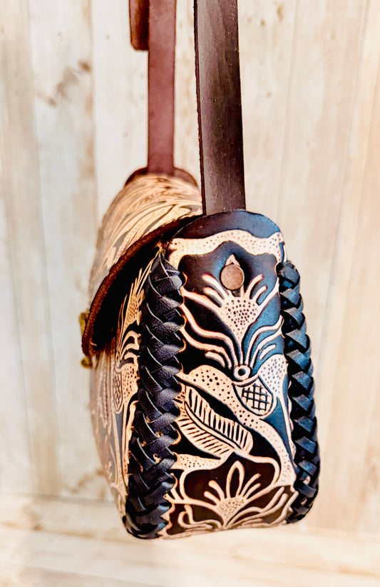 Mexican Leather Tooled Handbag Bolsa Mexicana de Piel Cincelada