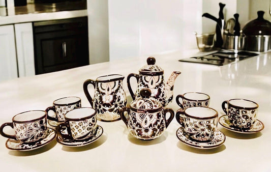 Mexican Talavera Tea Coffee Set Drinkware With 6 Mugs Sugar Bowl Talavera Mexicana de Cafe/Te con Tazas Platos Azucarera y Tetera