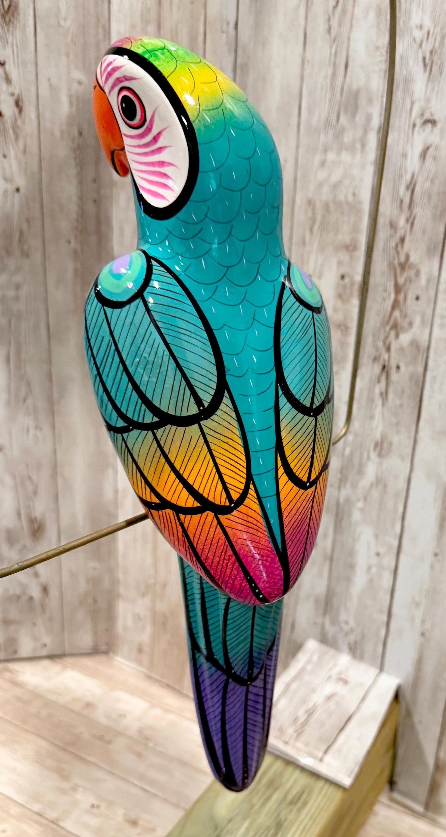 Mexican Exotic Ceramic Bird on a Perch Pajaro Mexicano de Ceramic en Aro