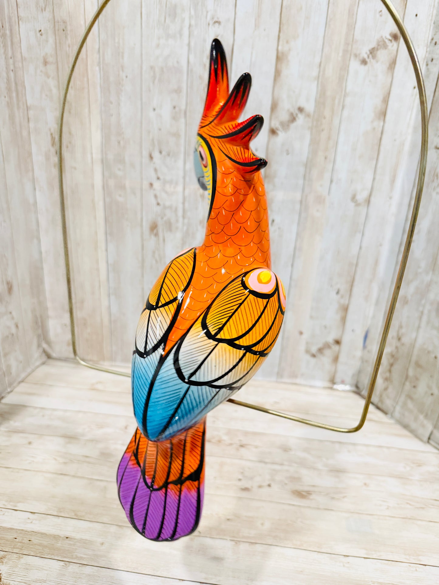 Mexican Exotic Ceramic Bird on a Perch Pajaro Mexicano de Ceramic en Aro