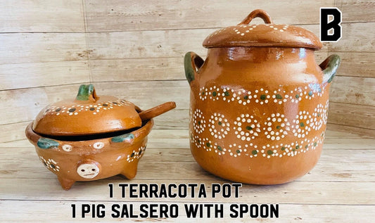 Terracota Bean Pot Salsa Bowl with Spoon & Salt Shaker Olla de Barro Salsero con Cuchara y Saleros