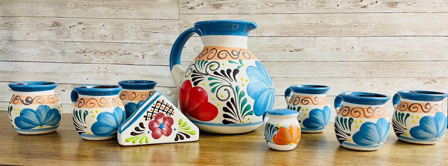 Terra Cotta Mexican Art Pottery Pitcher With 6 Cups Napkin Holder and Salt Shaker Jarra Artesanal Mexicana