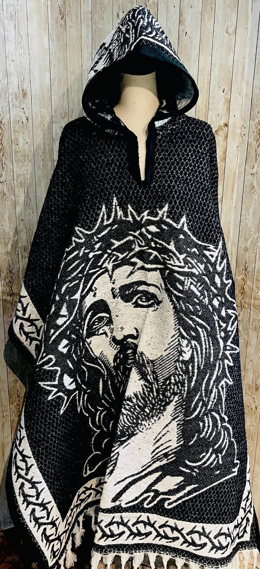 Mexican Double Sided Poncho Christ and INRI on Back Poncho Doble Vista de Cristo y INRI Atras