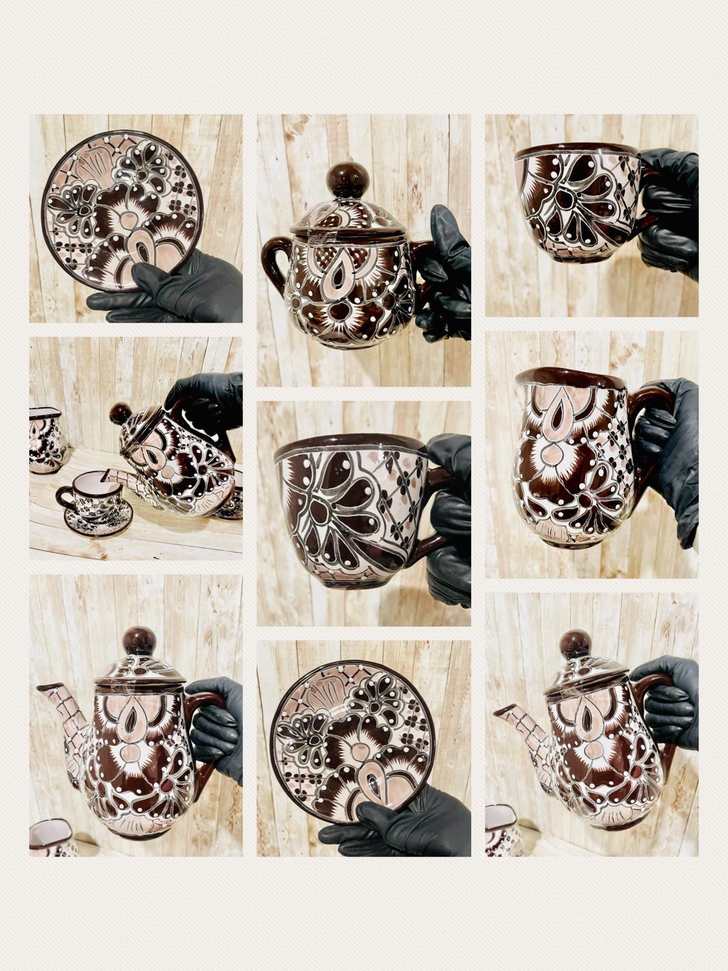 Mexican Talavera Tea Coffee Set Drinkware With 6 Mugs Sugar Bowl Talavera Mexicana de Cafe/Te con Tazas Platos Azucarera y Tetera