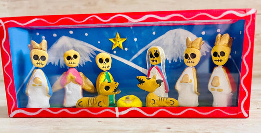Nicho Mexicano De Nacimiento de Catrinas y Vitrina Mexican Sugar Skulls Nativity Scene Shadow Box