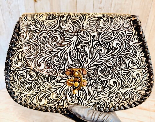 Mexican Leather Tooled Crossbody Handbag Bolsa Mexicana de Piel Cincelada