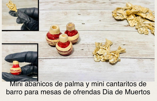 Mexican Miniature Day of Dead Handwoven Mini Fans & Mini Cantaritos Mini Abanicos de Palma y Mini Cantaritos de Barro Dia De Los Muertos