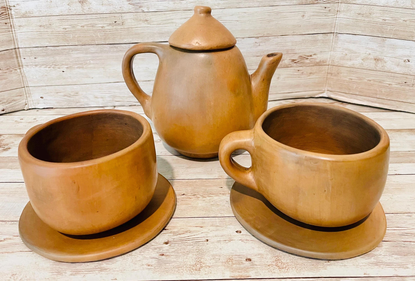 Brown Oaxacan Mexican Clay Coffee Tea Pot Set with 2 Cups & Plates Tetera Artesanal de Barro Cafe de Oaxaca Artesanal con 2 Tazas y 2 Platos