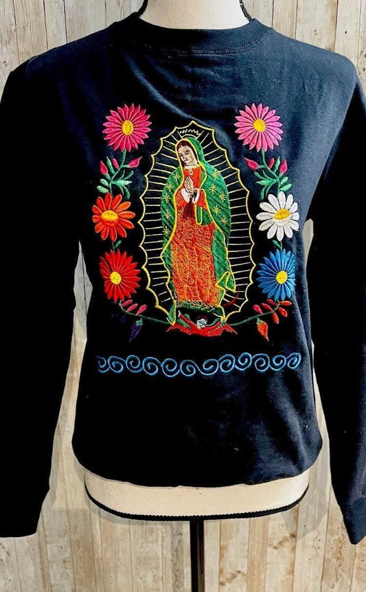 Mexican Embroidered Virgin Mary Sweater Size Small Sueter Bordado Mexicano de La Virgen Maria