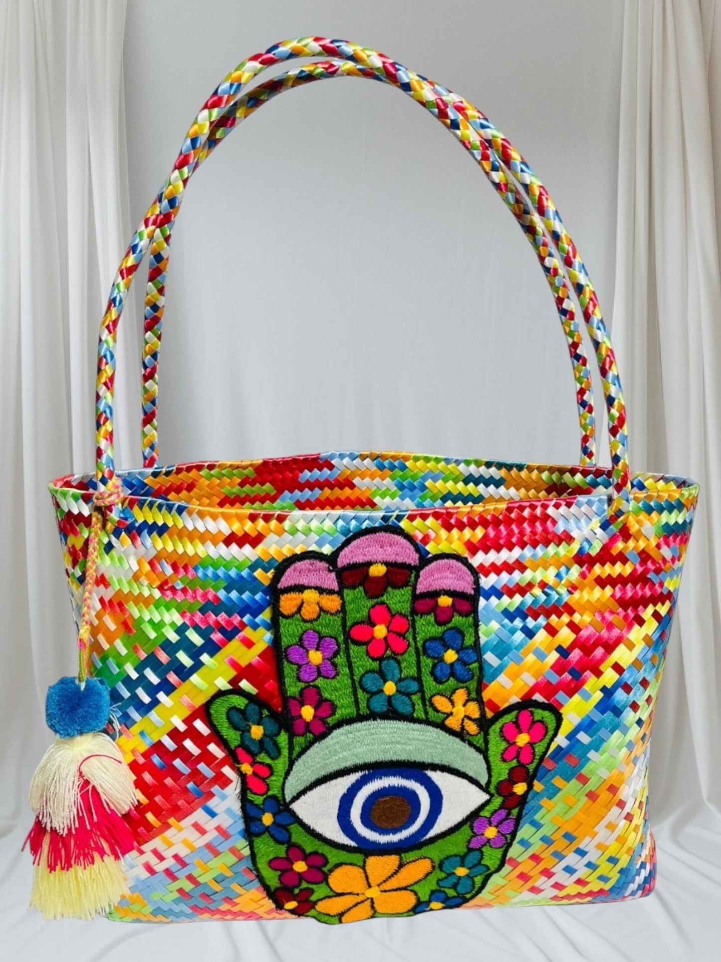 Hamsa Evil Eye Hand Woven Plastic Tote Bolsa Mexicana Artesenal Hamsa Mal De Ojo