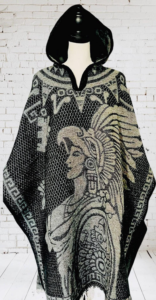 Poncho Azteca con Guerrero y Escudo Nacional Double Sided Aztec Calendar Poncho