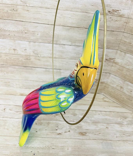 Mexican Exotic Ceramic Bird on a Perch Pajaro Mexicano de Ceramic en Aro