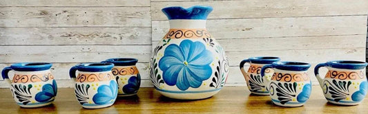 Terra Cotta Mexican Art Pottery Pitcher With 6 Cups Jarra Artesanal Mexicana