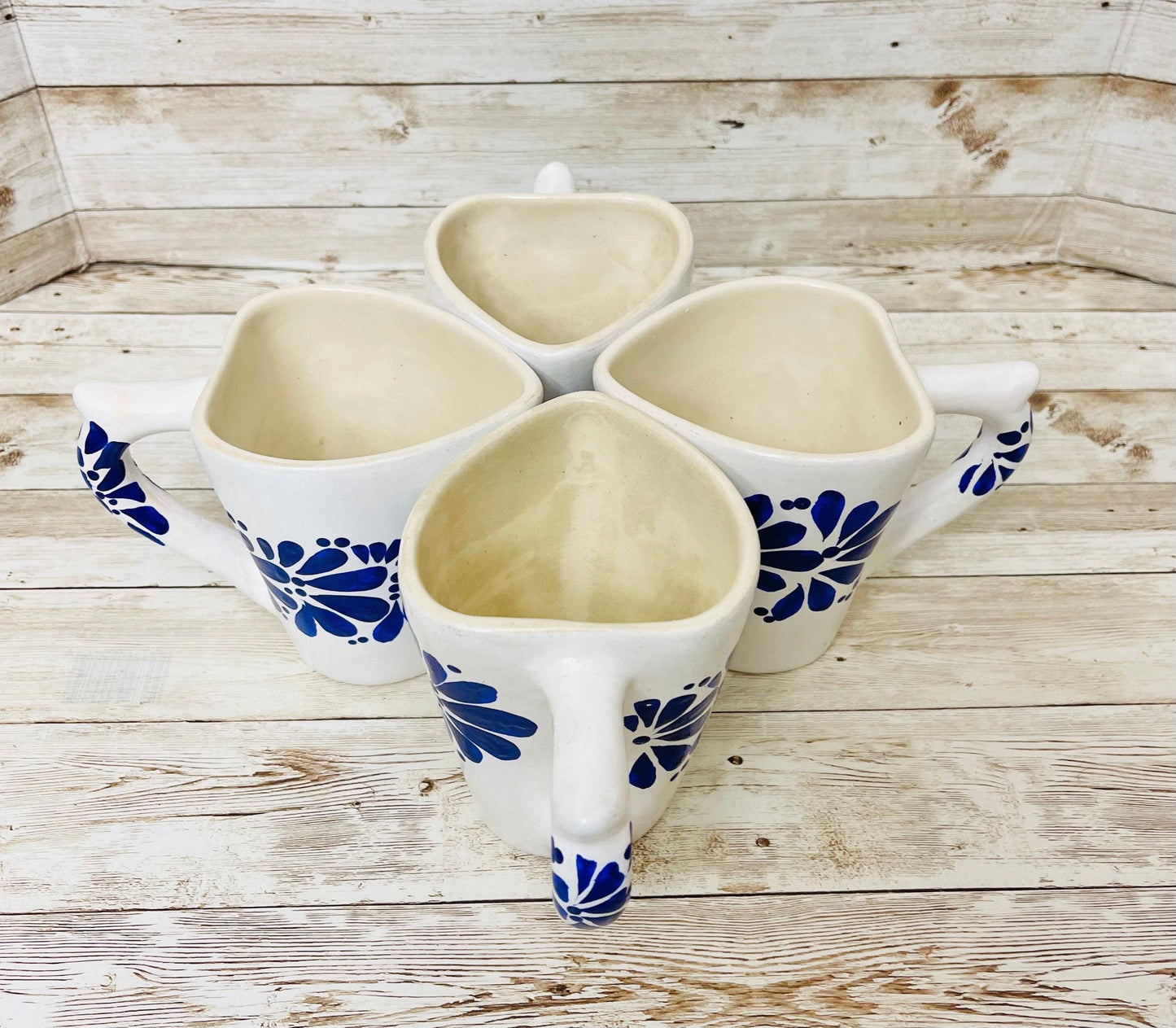 4x Mexican Ceramic Heart Shaped Pottery Cups 4x Tazas de Ceramica Mexicanas en Forma de Corazon