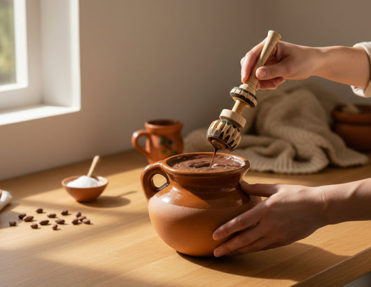 Olla de Barro Chocolatera con 1 Molinillo de Madera Terra Cota Hot Chocolote Pot with 1 Wood Molinillo Grinder