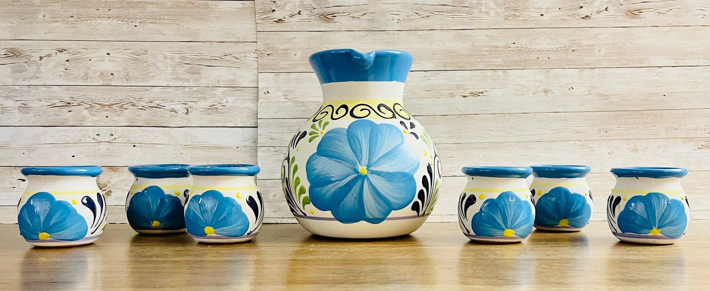 Terra Cotta Mexican Art Pottery Pitcher With 6 Cups Jarra Artesanal Mexicana