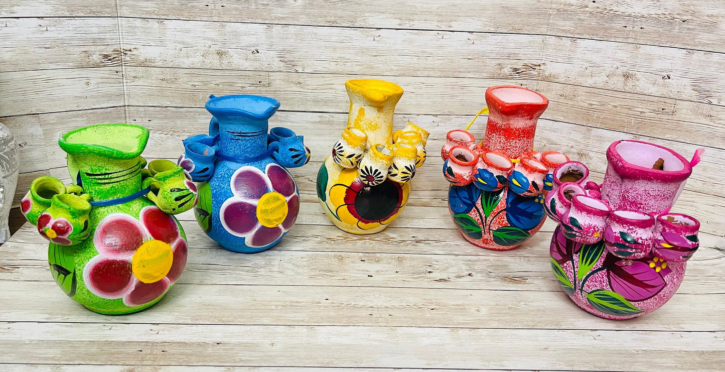 Terra Cotta Mexican Art Pottery Tequilero With 5 Mini Jarritos Licorera Artesanal Mexicana con 5 Mini Jarritos