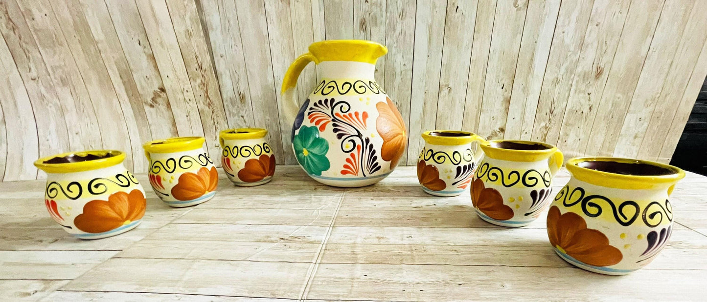 Terra Cotta Mexican Art Pottery Pitcher With 6 Cups Jarra Artesanal Mexicana