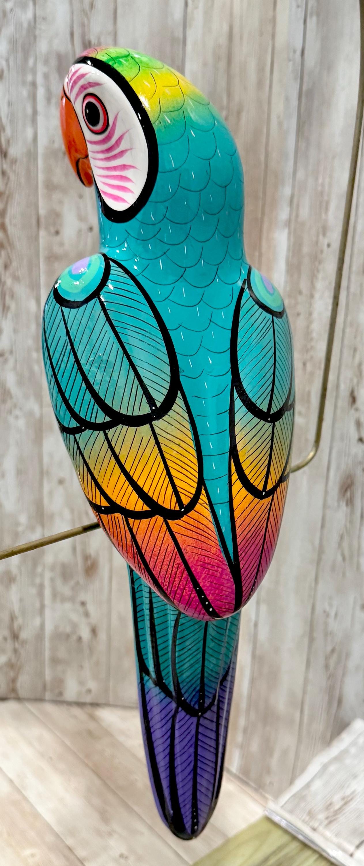 Mexican Exotic Ceramic Bird on a Perch Pajaro Mexicano de Ceramic en Aro