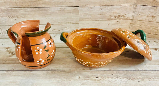 Servilletero y Cazuelita de Barro Mexicano Mexican Clay Napkin Holder and Casserole