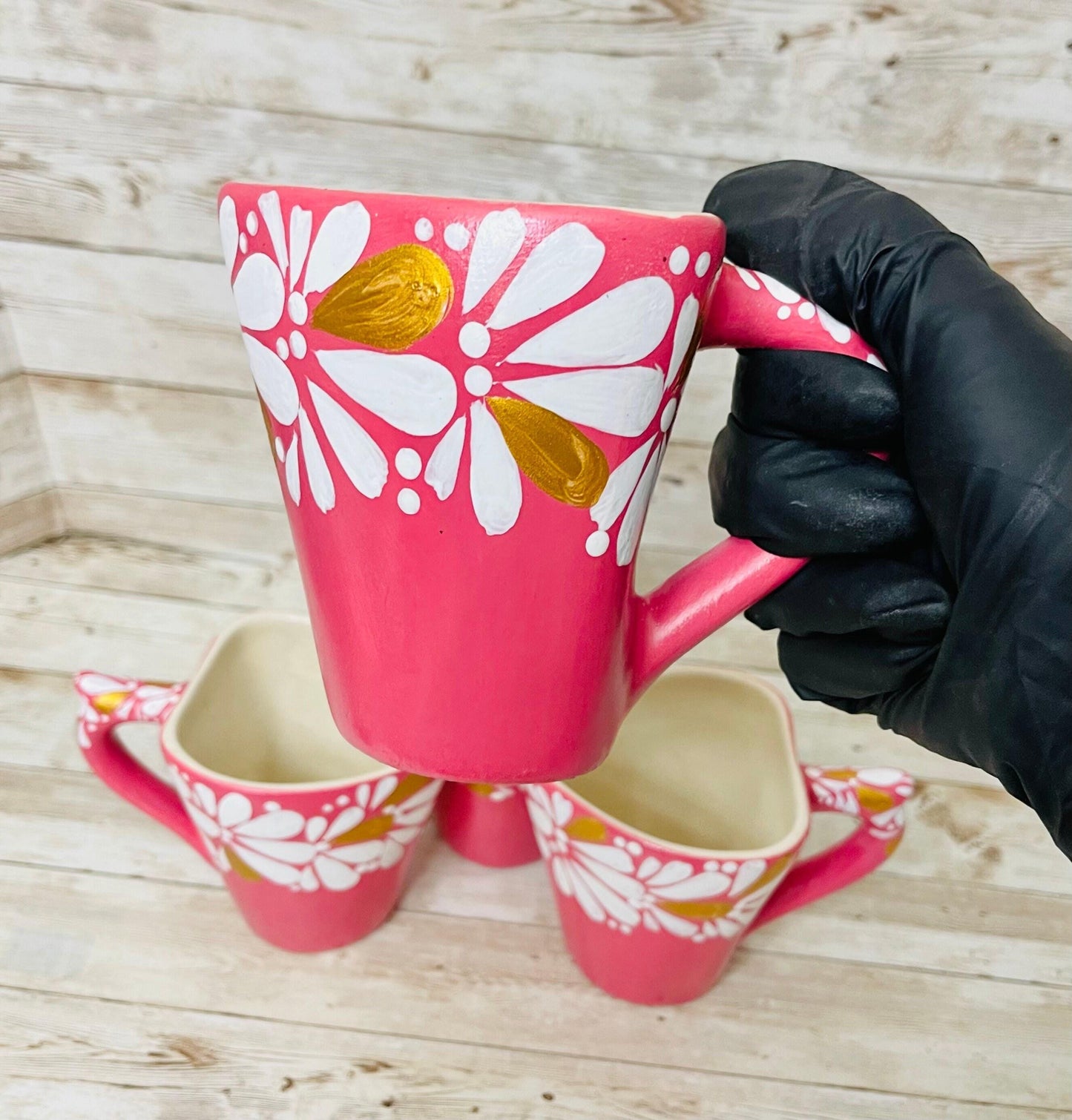 4x Mexican Ceramic Heart Shaped Pottery Cups 4x Tazas de Ceramica Mexicanas en Forma de Corazon