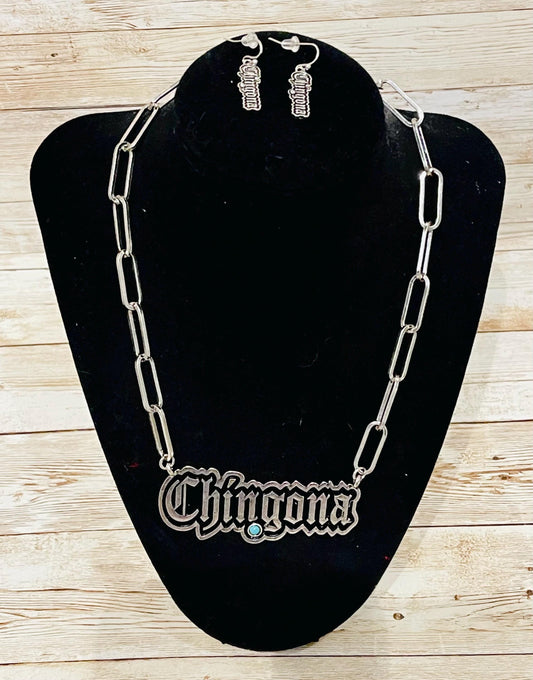 Chingona Necklace Pendant Set With Earrings Set De Cadena Y Aretes CHINGONA