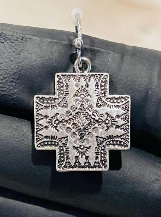 Western Cross Pendant & Earring Set Antique Silver Tone Jewelry Juego de Dije y Aretes de Cruz Estilo Color Plata Antigua