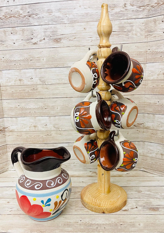 Terra Cotta Mexican Art Pottery CoffeeTea Pot with 6 Mugs and Mug Tree Jarra Lechera Cafetera Artesanal Mexicana Engove con 6 Tazas y Torre