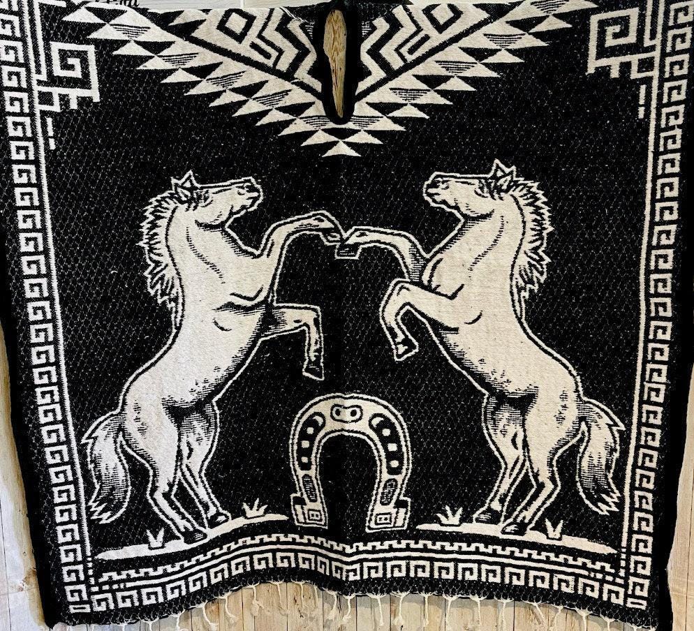 Mexican Poncho Gavan Wild Horses with Hoodie Poncho Gavan Sarape de Caballos Salvajes Gorro