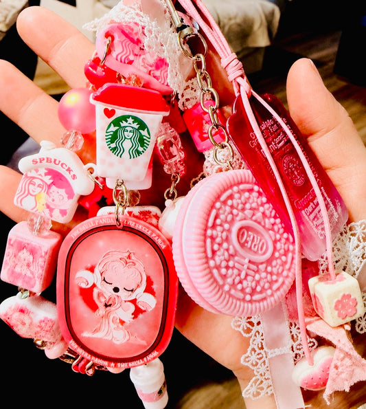 Pink Coffee and Cookie Bag Charm Keychain