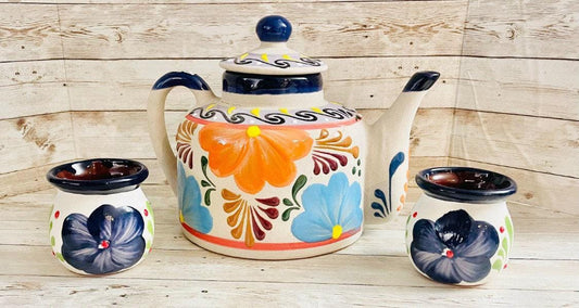 Terra Cotta Mexican Art Pottery CoffeeTea Pot with 2 Mugs Jarra Lechera Cafetera Artesanal Mexicana Engove con 2 Tazas