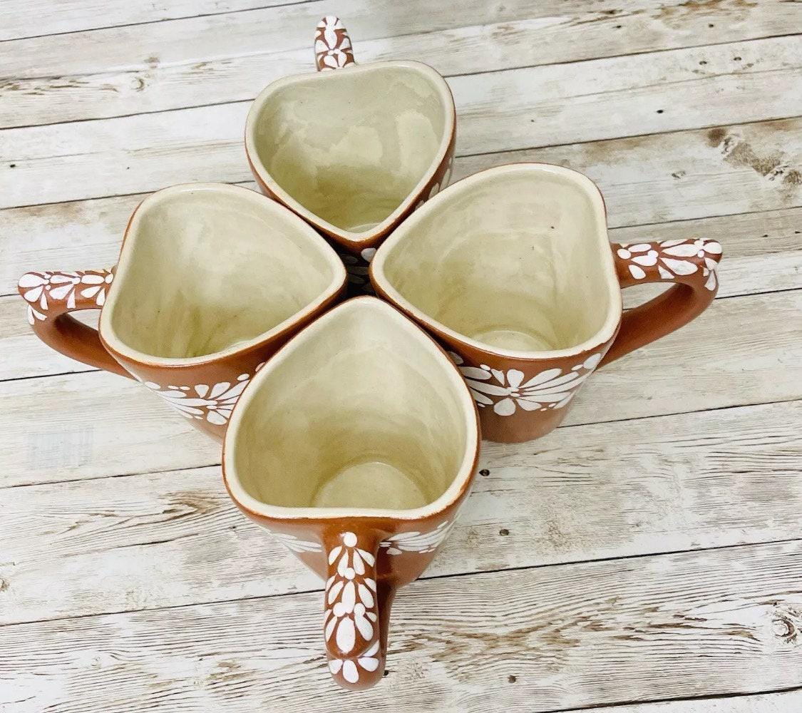 4x Mexican Ceramic Heart Shaped Pottery Cups 4x Tazas de Ceramica Mexicanas en Forma de Corazon