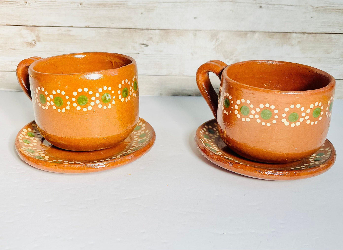 Terra Cotta Mexican Art Pottery CoffeeTea Mugs with Plates Tazas de Barro Artesanales Mexicana con Plato