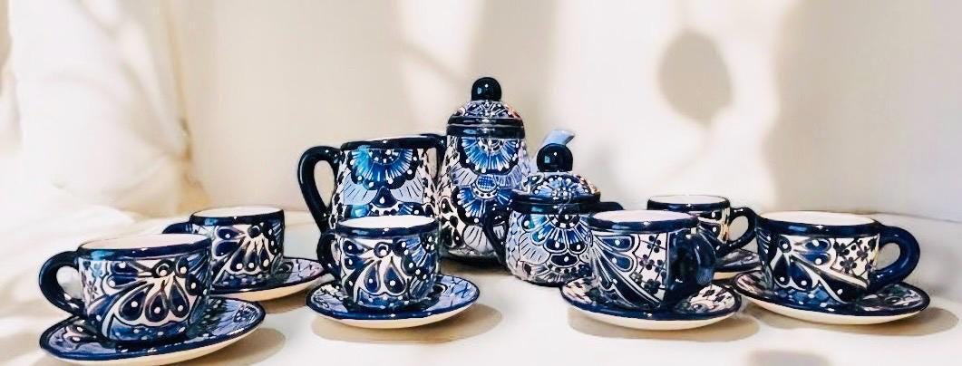 Mexican Talavera Tea Coffee Set Drinkware With 6 Mugs Sugar Bowl Talavera Mexicana de Cafe/Te con Tazas Platos Azucarera y Tetera