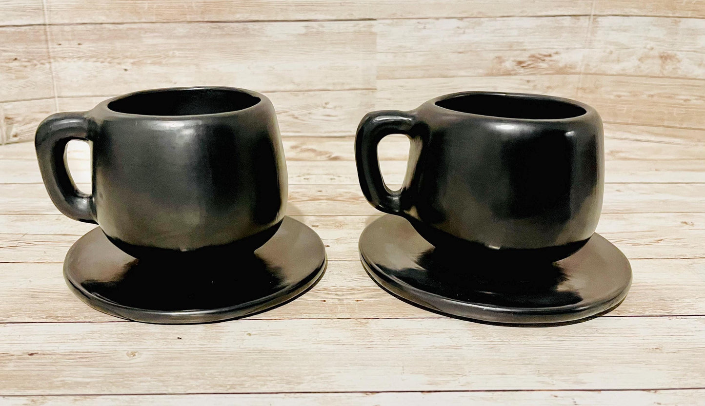 Black Oaxacan Mexican Clay Capuccino Expresso Coffee Tea Mugs with Plate Tazas de Barro Negro Artesanal Mexicano con Plato Hechas en Oaxaca
