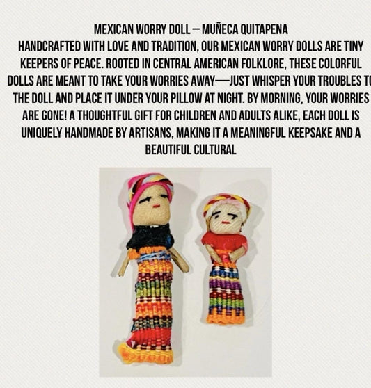 Mexican Artesanal Gift Set Earrings 2 Worry Free Dolls Description Card & Pouch Aretes Artesanales Mexicanos con 2 Muñequitas Quita Pena