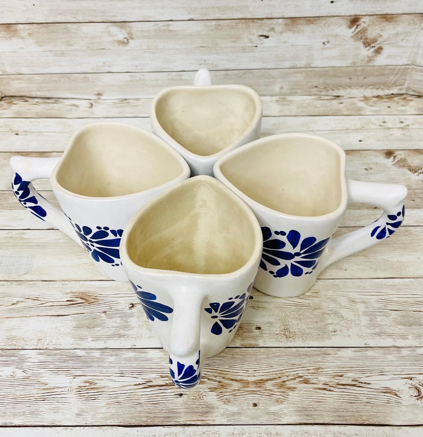 4x Mexican Ceramic Heart Shaped Pottery Cups 4x Tazas de Ceramica Mexicanas en Forma de Corazon