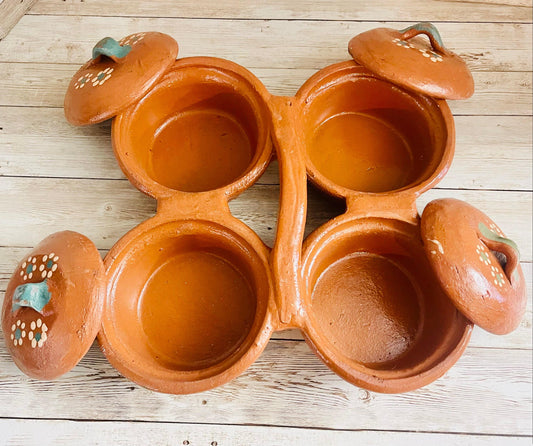 Terracotta Salsa Holder 2, 3 & 4 Trays with Lid Salsero de Barro con 2, 3 y 4 Cazuelitas con Tapa