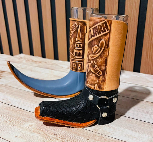 2x Mexican Leather Boot Shot Glasses 2x Vasos Tequileros de Bota con Piel