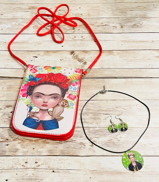 Frida Kahlo Set Purse/Bag Earrings and Necklace Crossbody Bag Set de Collar y Aretes de Frida y Bolsa Tipo Crossbody