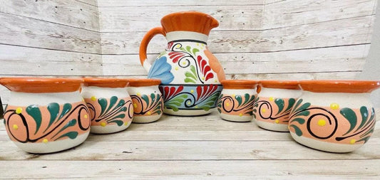 Terra Cotta Mexican Art Pottery Pitcher With 6 Cups Jarra Artesanal Mexicana