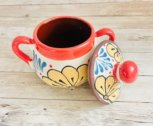 Terra Cotta Mexican Art Pottery Sugar Pot with Coffee Tea Pot. Azucarera Artesanal Mexicana Engove con Jarra Lechera
