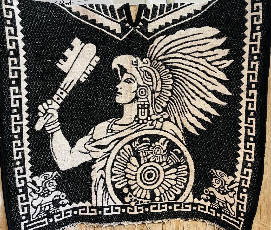 Poncho Azteca con Guerrero y Escudo Nacional Double Sided Aztec Calendar Poncho