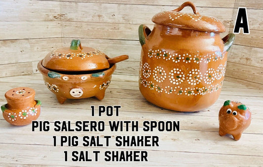 Terracota Bean Pot Salsa Bowl with Spoon & Salt Shaker Olla de Barro Salsero con Cuchara y Saleros